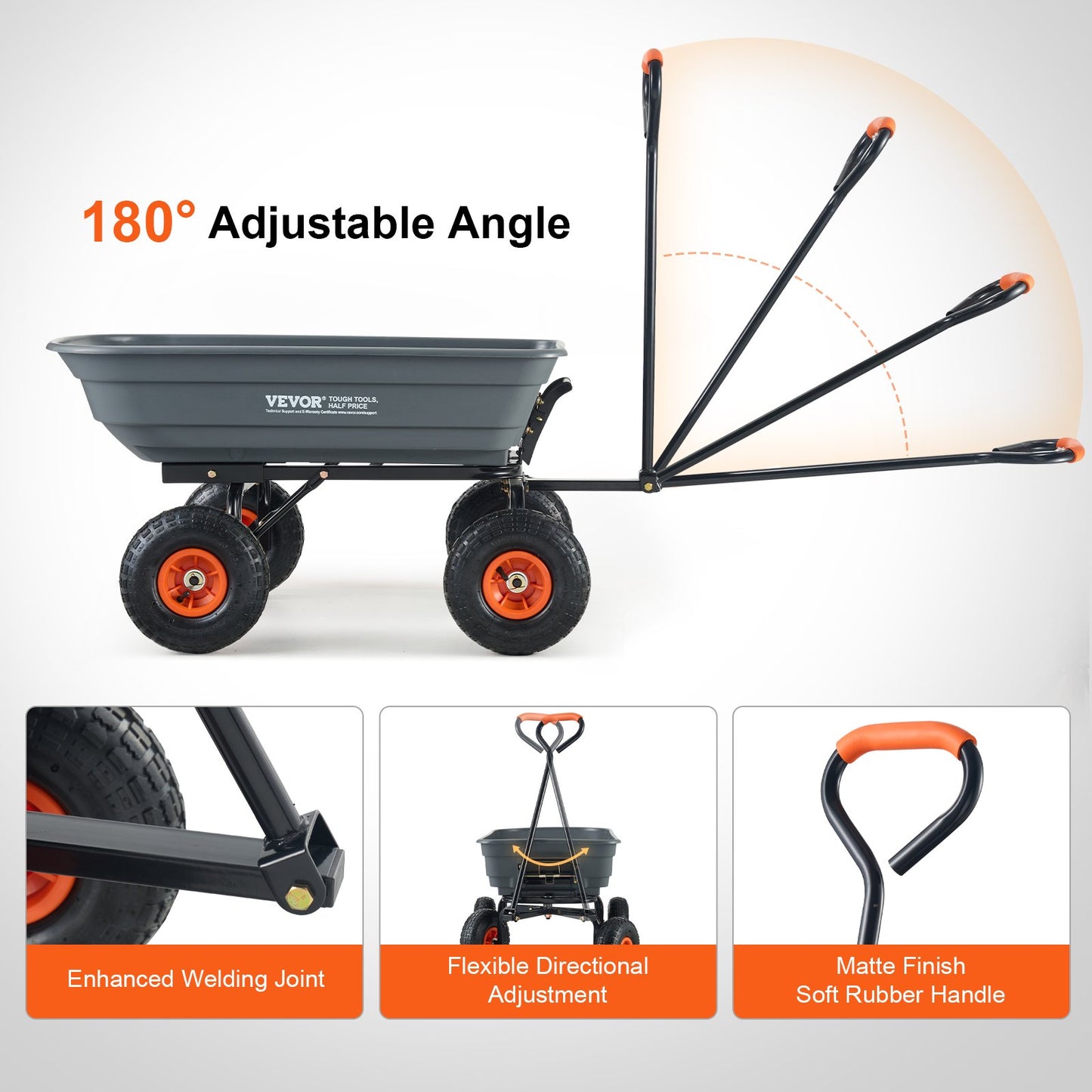 VEVOR Dump Cart, Poly Garden Dump Cart with Easy to Assemble Steel Frame, Dump Wagon with 2-in-1 Convertible Handle, Utility Wheelbarrow 272kg/ 600lbs Capacity, 25.5cm/ 10 inch Tires