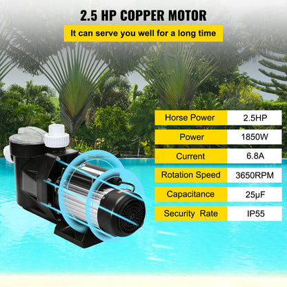 VEVOR Swimming Pool Filter Pump 2.5HP, 1850W Swimming Pool Pump 148GPM, Single Speed Filter for Spa Water Circulation Above Ground Apply Swimming Pool, Bathtub