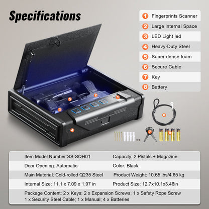 VEVOR Gun Safe for Pistols Biometric Gun Safe with 3 Access Ways for 2 Pistols
