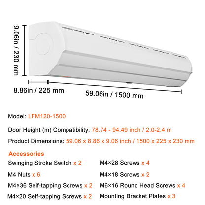 VEVOR 1.5m Commercial Indoor Air Curtain Super Power 2 Speeds 2547m³/h, UL Certified Wall Mounted Air Curtains for Doors, Indoor Over Door Fan with Heavy Duty Limit Switch, Easy-Install Unheated