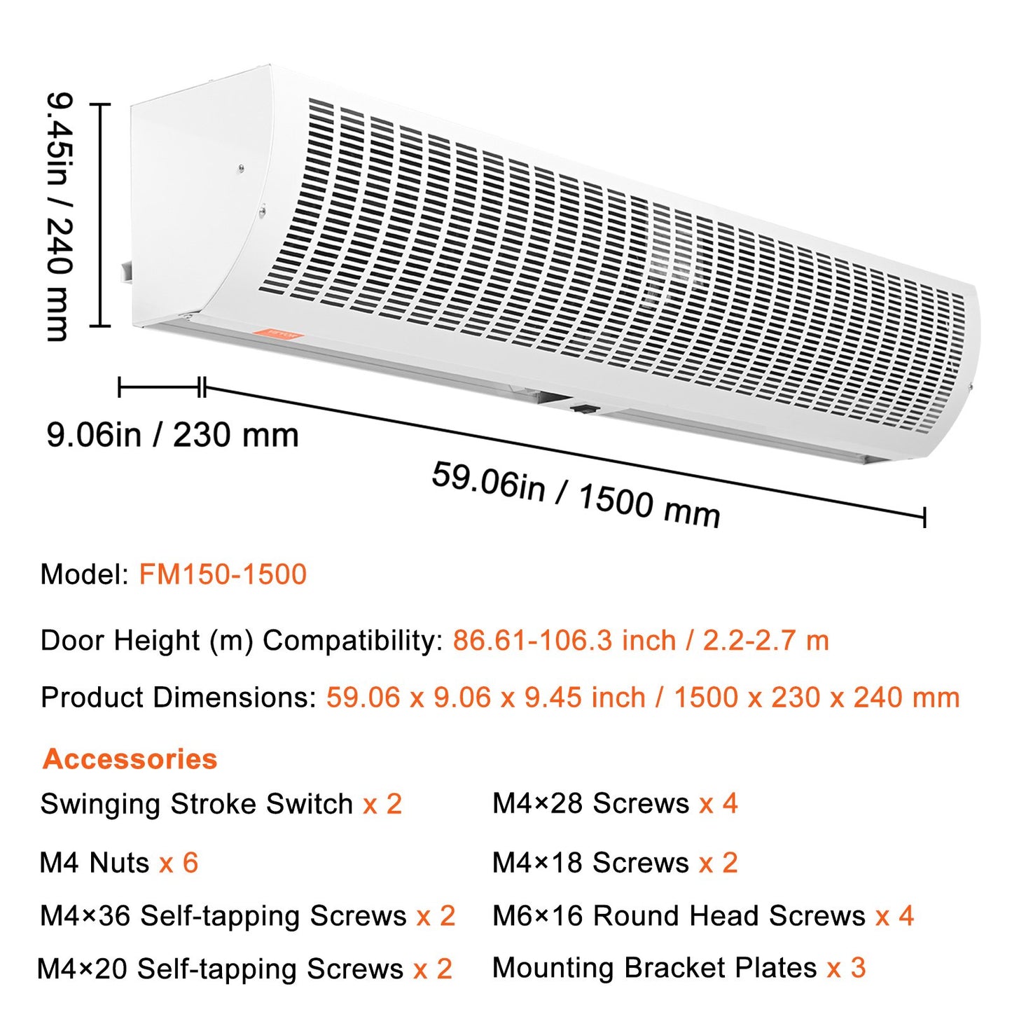VEVOR 1.5m Commercial Indoor Air Curtain Super Power 2 Speeds 3566m³/h, UL Certified Wall Mounted Air Curtains for Doors, Indoor Over Door Fan with Heavy Duty Limit Switch, Easy-Install Unheated