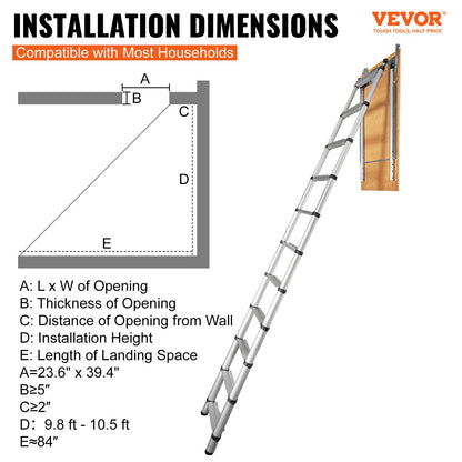 VEVOR Attic Ladder Telescoping, 158.76kg Capacity, 100cm x 59.94cm,Multi-Purpose Aluminium Extension, Lightweight and Portable,Fits298.7cm-320.04cmCeilingHeights,Convenient Access to Your Attic Standa