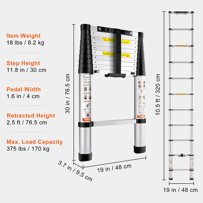 VEVOR Telescoping Ladder Aluminum Extension Step 3.2 m Multi-purpose Portable