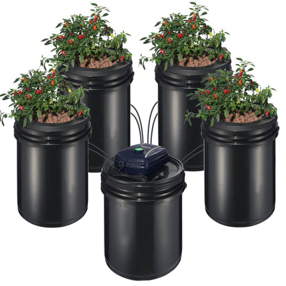 VEVOR RDWC Hydroponics Grow System, Hydroponic Growing Kit with Top Drip, Recirculating Deep Water Culture 4 Buckles and 1 Reservoir, with Air Pump and Water Level Device for Leafy Vegetables