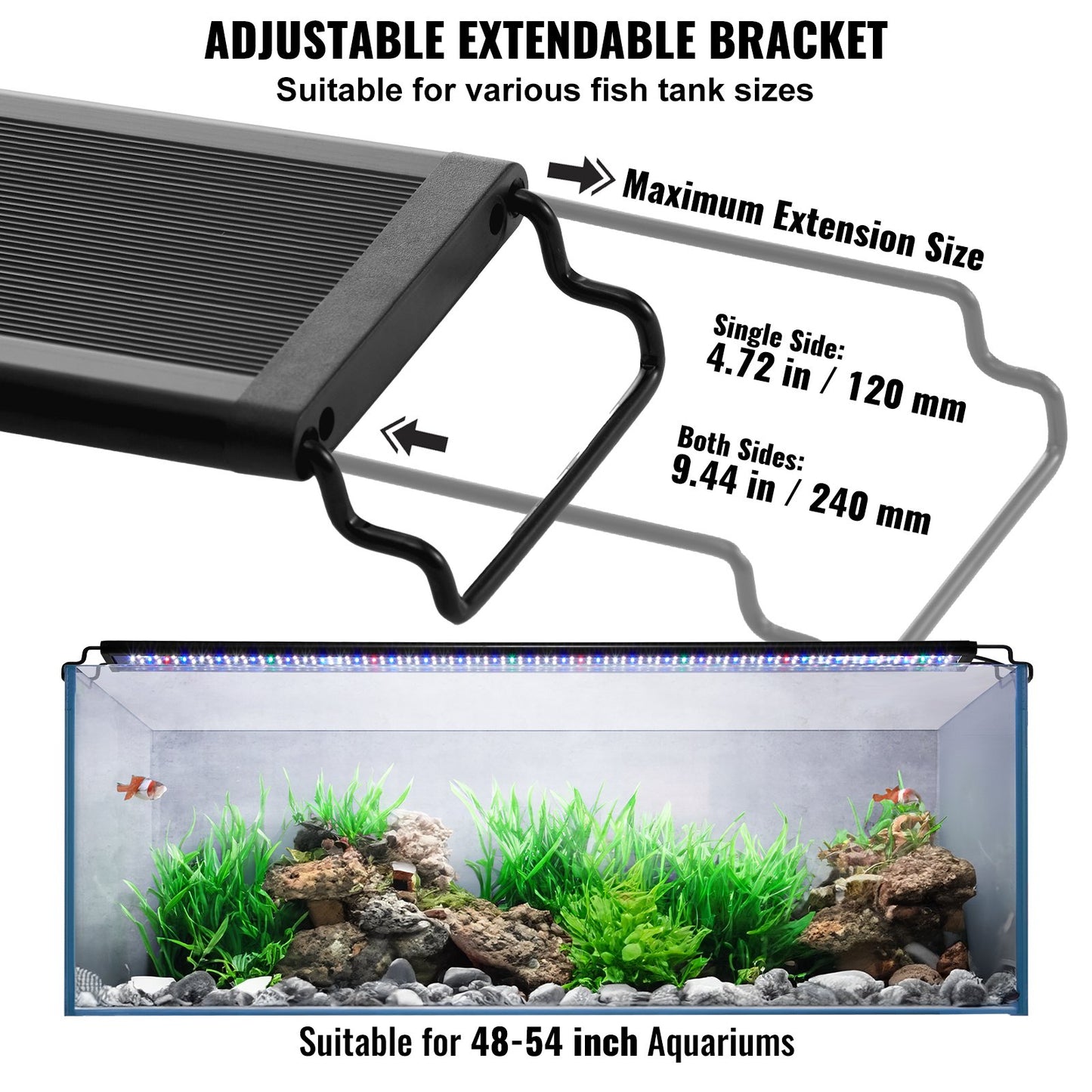 VEVOR Aquarium Light, 48W Full Spectrum Fish Tank Light with 24/7 Natural Mode, Adjustable Timer & 5-Level Brightness, with Aluminum Alloy Shell Extendable Brackets for 48"-54" Freshwater Planted Tank