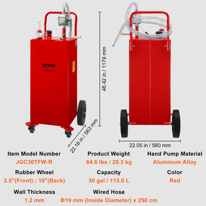 VEVOR 114L Fuel Caddy, Gas Storage Tank & 4 Wheels, with Manuel Transfer Pump, Gasoline Diesel Fuel Container for Cars, Lawn Mowers, ATVs, Boats, More, Red