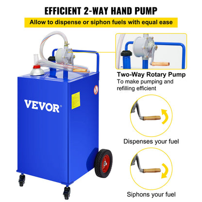 VEVOR 114L Fuel Caddy, Gas Storage Tank & 4 Wheels, with Manuel Transfer Pump, Gasoline Diesel Fuel Container for Cars, Lawn Mowers, ATVs, Boats, More, Blue