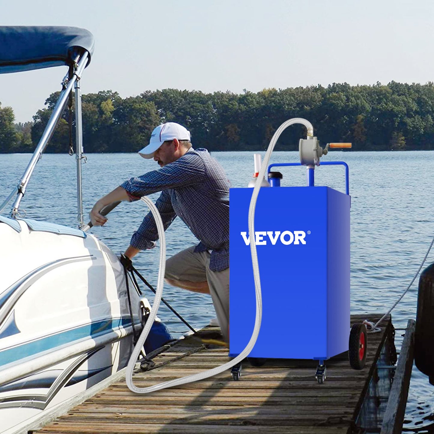 VEVOR 114L Fuel Caddy, Gas Storage Tank & 4 Wheels, with Manuel Transfer Pump, Gasoline Diesel Fuel Container for Cars, Lawn Mowers, ATVs, Boats, More, Blue