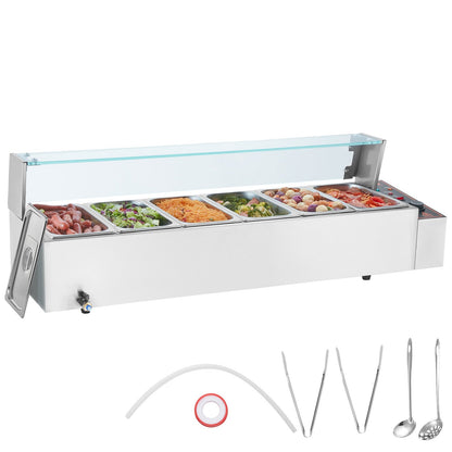 VEVOR Commercial Electric Food Warmer Countertop Buffet 6*5Qt with Glass Shield