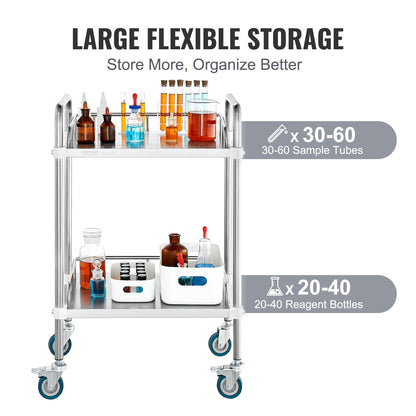 VEVOR Lab Rolling Cart, 2-Shelf Stainless Steel Rolling Cart, Lab Serving Cart with Swivel Casters, Dental Utility Cart for Clinic, Lab,  Hospital, Salon, 15.16"x21.57"x34.06"