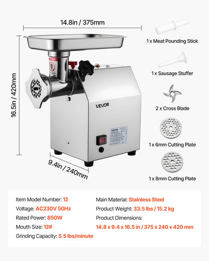 VEVOR Commercial Electric Meat Grinder 5.5 Lbs/Min Sausage Stuffer Maker Kitchen