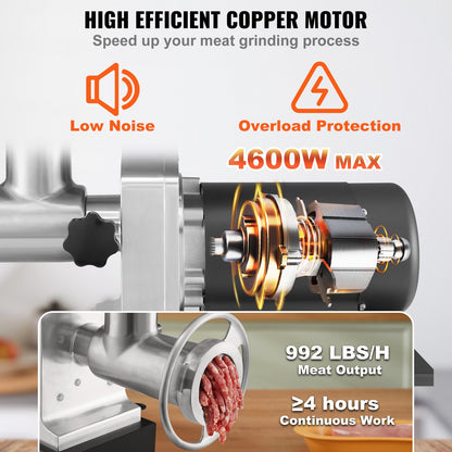 VEVOR Electric Meat Grinder, 9.5 Kg/Min Capacity, Countertop Industrial Meat Mincer w/ Blade, Grinding Plate, Sausage Maker & Kubbe Kit, Carbon Steel Commercial Meat Grinder for Kitchen Restaurant