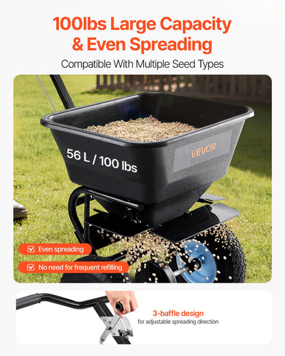 VEVOR Lawn Spreader, 100LBS Capacity, Walk-Behind Push Spreader, 0-9.8ft Spreading Width, 13 in All Terrain Pneumatic Tires, Fertilizer Spreaders with Hopper Grate, for Seed Salt Ice Melt