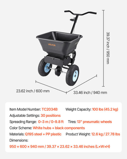 VEVOR Lawn Spreader, 100LBS Capacity, Walk-Behind Push Spreader, 0-9.8ft Spreading Width, 13 in All Terrain Pneumatic Tires, Fertilizer Spreaders with Hopper Grate, for Seed Salt Ice Melt
