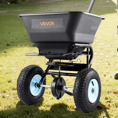 VEVOR Lawn Spreader, 100LBS Capacity, Walk-Behind Push Spreader, 0-9.8ft Spreading Width, 13 in All Terrain Pneumatic Tires, Fertilizer Spreaders with Hopper Grate, for Seed Salt Ice Melt