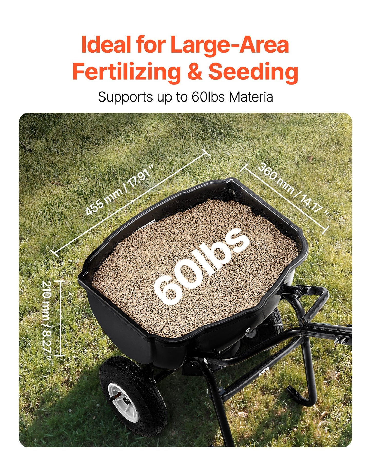 VEVOR Walk Behind Spreader, 60LBS Capacity, Push Spreader with Hopper Grate, 0-9.8 ft Spreading Width, 8 in All Terrain Pneumatic Tires, Garden & Lawn Broadcast Spreaders, for Seed, Fertilizer