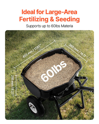 VEVOR Walk Behind Spreader, 60LBS Capacity, Push Spreader with Hopper Grate, 0-9.8 ft Spreading Width, 8 in All Terrain Pneumatic Tires, Garden & Lawn Broadcast Spreaders, for Seed, Fertilizer