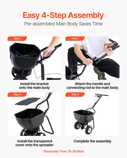 VEVOR Walk Behind Spreader, 60LBS Capacity, Push Spreader with Hopper Grate, 0-9.8 ft Spreading Width, 8 in All Terrain Pneumatic Tires, Garden & Lawn Broadcast Spreaders, for Seed, Fertilizer