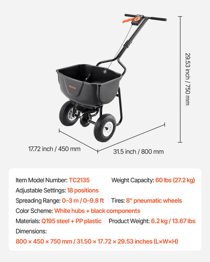 VEVOR Walk Behind Spreader, 60LBS Capacity, Push Spreader with Hopper Grate, 0-9.8 ft Spreading Width, 8 in All Terrain Pneumatic Tires, Garden & Lawn Broadcast Spreaders, for Seed, Fertilizer