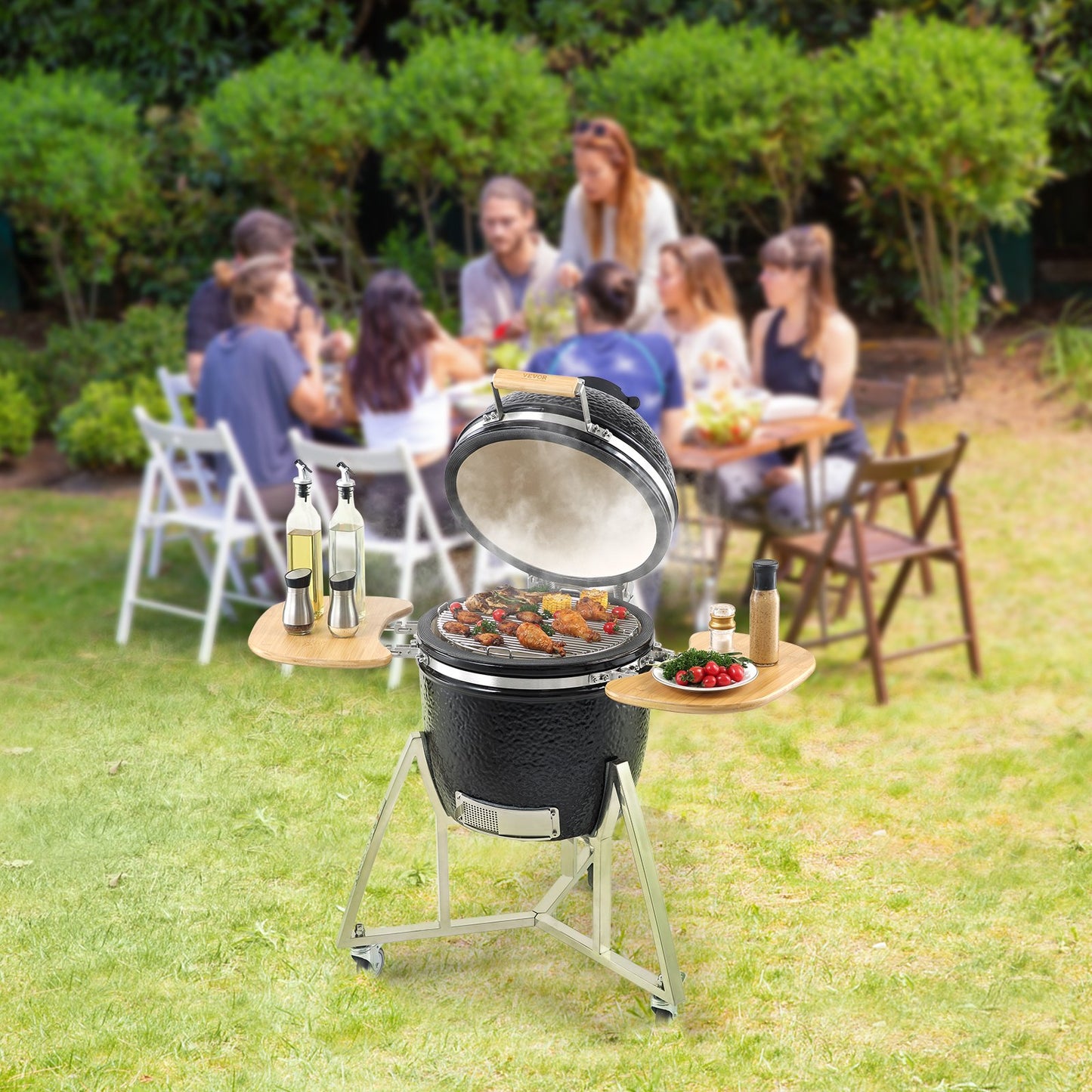 VEVOR Portable Charcoal Grill, Propane Gas Grills with Cover and Cart, Heavy Duty Stainless Steel BBQ Grill, Mini Smoker for Outdoor Cooking, Barbecue Camping, Picnic, and Backyard, Black