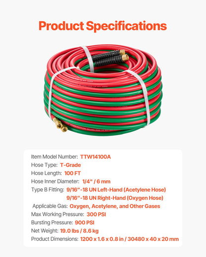 Oxygen Acetylene Hose 1/4-Inch x 100FT T Grade Hose 300PSI Max Working Pressure