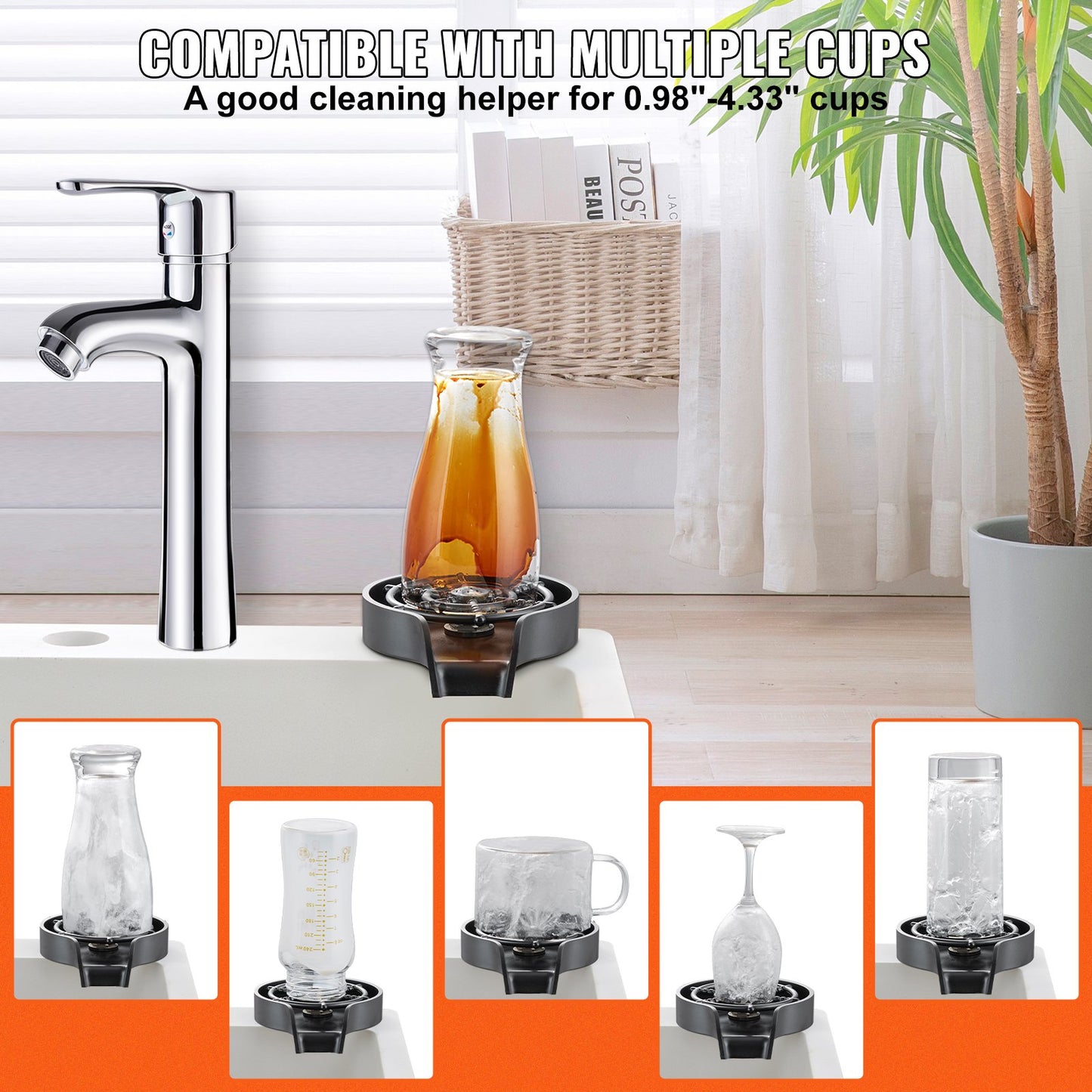 VEVOR Glass Rinser, 10 Powerful Spraying Jets Rotating Cup Rinser for Sink, Wearproof ABS Kitchen Sink Faucet Cup Washer & ABS Cup Holder for Baby Bottle, Glass Cup, Wine Glass (Black Base)