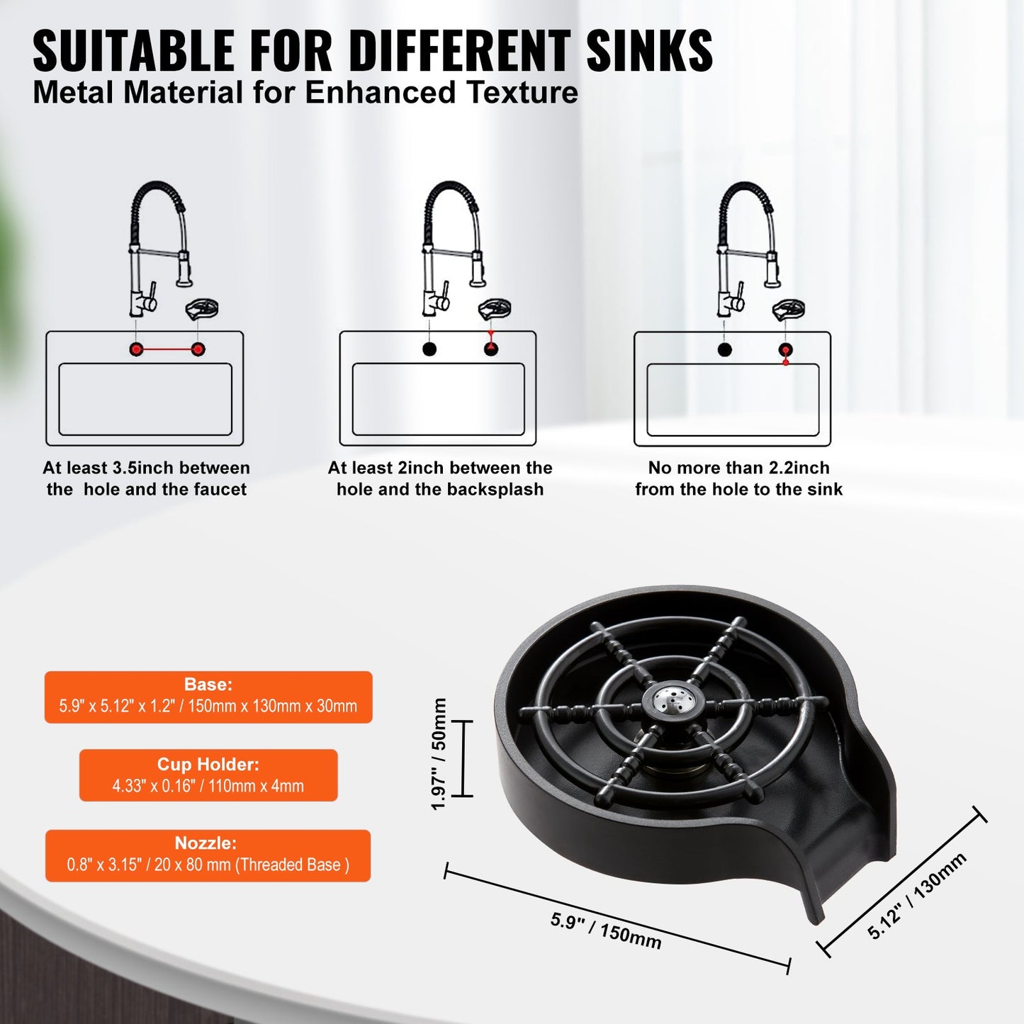 VEVOR Glass Rinser, 10 Powerful Spraying Jets Rotating Cup Rinser for Sink, Wearproof ABS Kitchen Sink Faucet Cup Washer & ABS Cup Holder for Baby Bottle, Glass Cup, Wine Glass (Black Base)