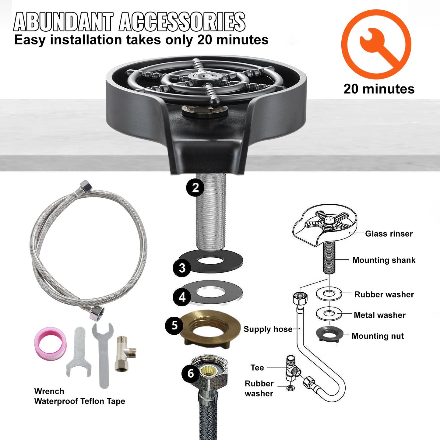 VEVOR Glass Rinser, 10 Powerful Spraying Jets Rotating Cup Rinser for Sink, Wearproof ABS Kitchen Sink Faucet Cup Washer & ABS Cup Holder for Baby Bottle, Glass Cup, Wine Glass (Black Base)