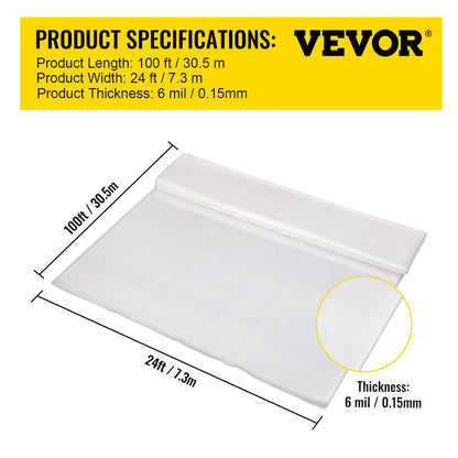 VEVOR Greenhouse Film, 24\' x 100\' Greenhouse Plastic Sheeting, 6 mil Thickness Suncover Greenhouse, Clear Polyethylene Cover, UV Proof Farm Plastic Supply for Gardening, Farming and Agriculture