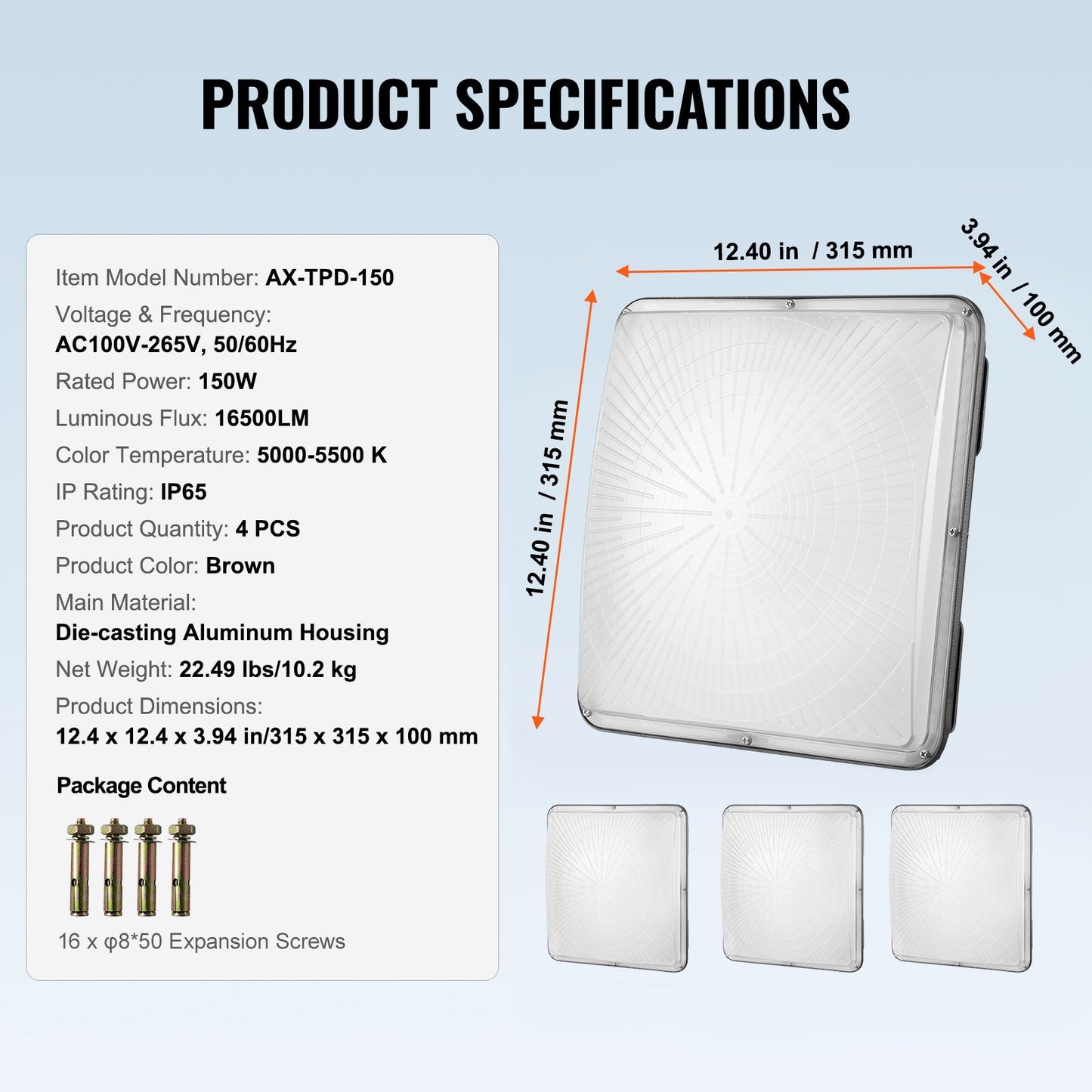 4 PCS LED Canopy Light 150W 16500LM 5000K Daylight Outdoor Canopy Lighting