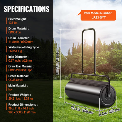VEVOR Lawn Roller, 17 Gallon 36 Inch Sand/Water Filled Yard Roller, Steel Sod Roller with Easy-turn Plug and U-Shaped Ergonomic Handle for Convenient Push and Pull, for Lawn, Garden, Farm, Park, Black