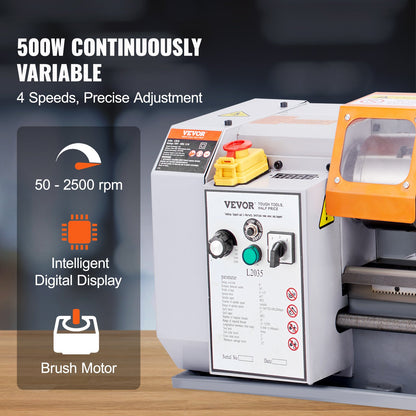 VEVOR Metal Lathe Machine, 200 mm x 350 mm, Precision Benchtop Power Metal Lathe, 50-2500 RPM Continuously Variable Speed, 600W Brush Motor Metal Gears, with Tool Box for Processing Precision Parts