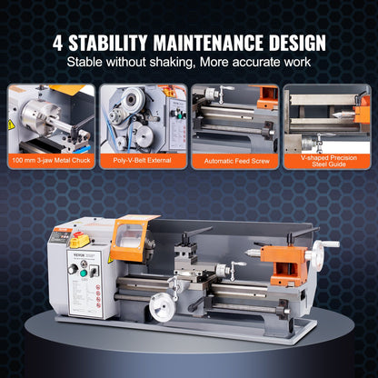 VEVOR Metal Lathe Machine, 200 mm x 350 mm, Precision Benchtop Power Metal Lathe, 50-2500 RPM Continuously Variable Speed, 600W Brush Motor Metal Gears, with Tool Box for Processing Precision Parts