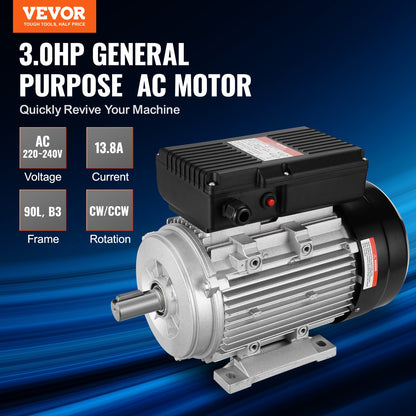 VEVOR 2.2KW Electric Motor 2800 rpm, AC 220~240V 13.8A, 90L, B3 Frame, Air Compressor Motor Single Phase, 24mm Keyed Shaft, CW/CCW Rotation for Agricultural Machinery and General Equipment