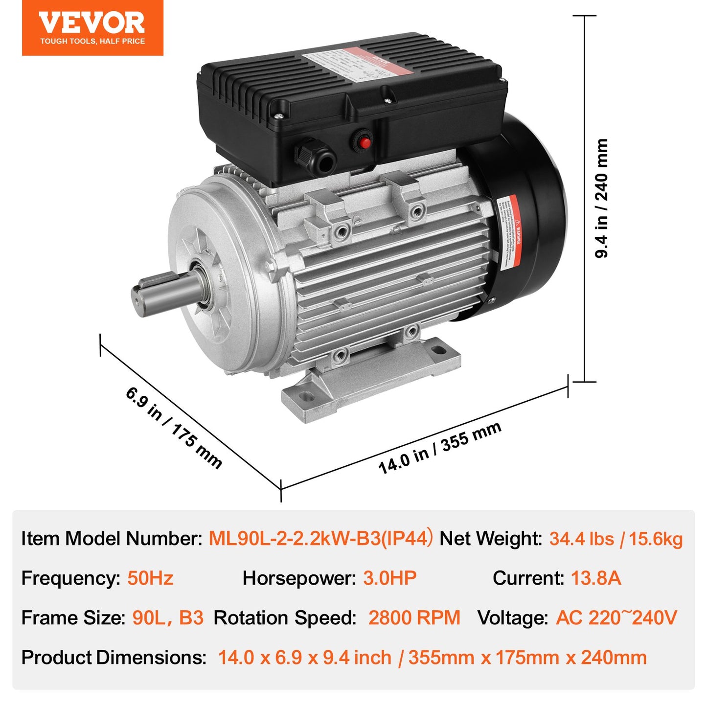 VEVOR 2.2KW Electric Motor 2800 rpm, AC 220~240V 13.8A, 90L, B3 Frame, Air Compressor Motor Single Phase, 24mm Keyed Shaft, CW/CCW Rotation for Agricultural Machinery and General Equipment
