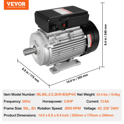 VEVOR 2.2KW Electric Motor 2800 rpm, AC 220~240V 13.8A, 90L, B3 Frame, Air Compressor Motor Single Phase, 24mm Keyed Shaft, CW/CCW Rotation for Agricultural Machinery and General Equipment