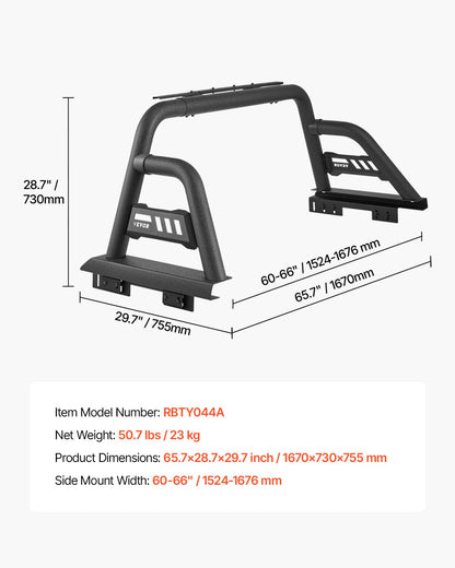 VEVOR Truck Bed Roll Bar Universal Chase Rack for Full-Size Pickup Carbon Steel