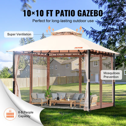 Patio Gazebo for 6-8 Person, 3.05 x 3.05 m Backyard Gazebo, with Mosquito Netting, Metal Frame, and PU Coated 180G Polyester, Outdoor Canopy Shelter for Patio, Backyard, Lawn, Garden, Deck