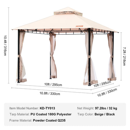 Patio Gazebo for 6-8 Person, 3.05 x 3.05 m Backyard Gazebo, with Mosquito Netting, Metal Frame, and PU Coated 180G Polyester, Outdoor Canopy Shelter for Patio, Backyard, Lawn, Garden, Deck