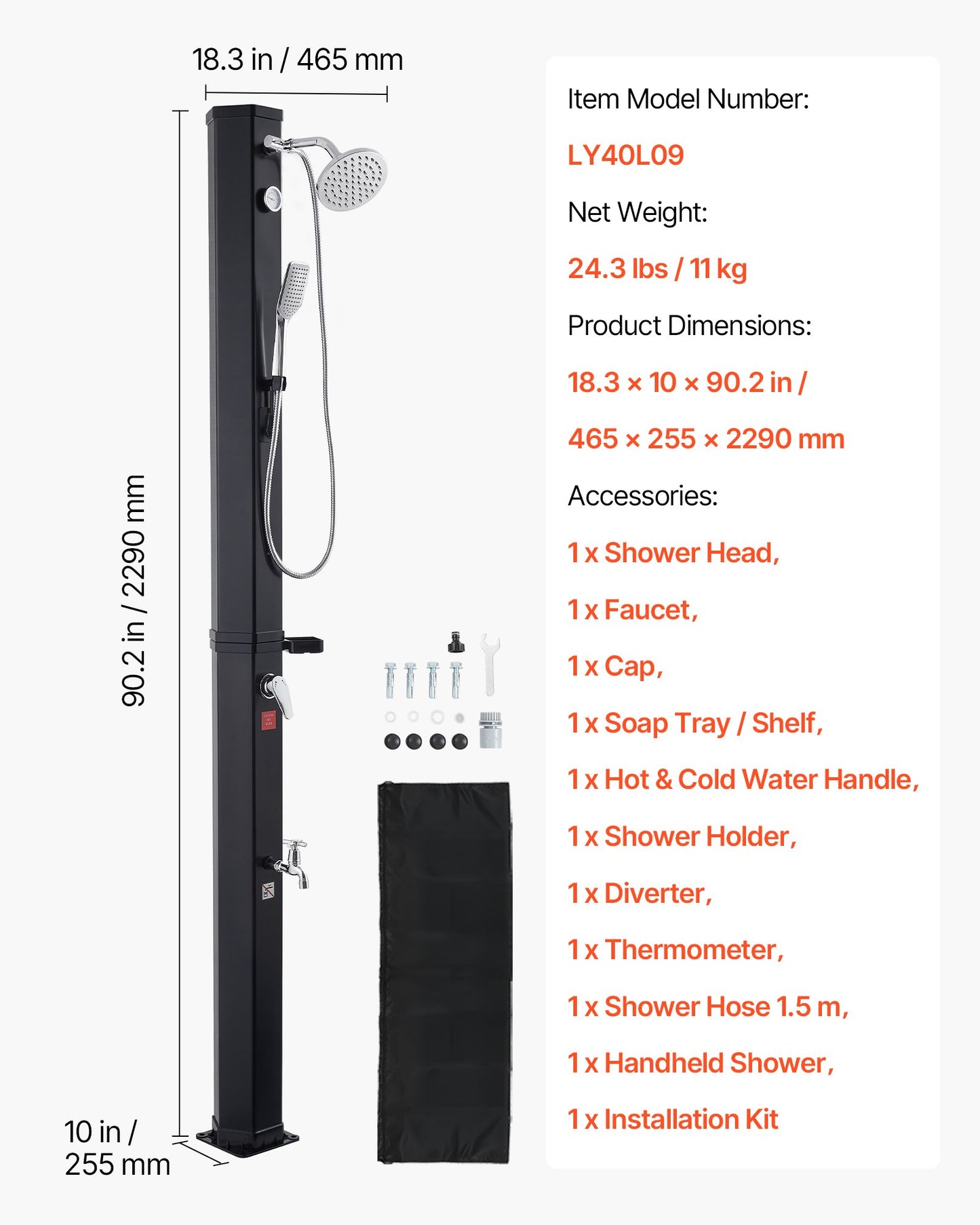 40L Solar Heated Shower, 205cm Showerhead Height Outdoor Shower, with Handheld & Foot Faucet, Hot & Cold Water Adjustment, Freestanding for Backyard Poolside Beach Pool, Black