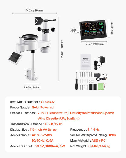 VEVOR 7-in-1 Wi-Fi Weather Station with APP, 190.5 mm VA Display, Wireless Solar Powered Outdoor Sensor, Rain Gauge, Indoor Outdoor for Weather Forecast, Wind Speed, Temperature, Humidity, Rainfall