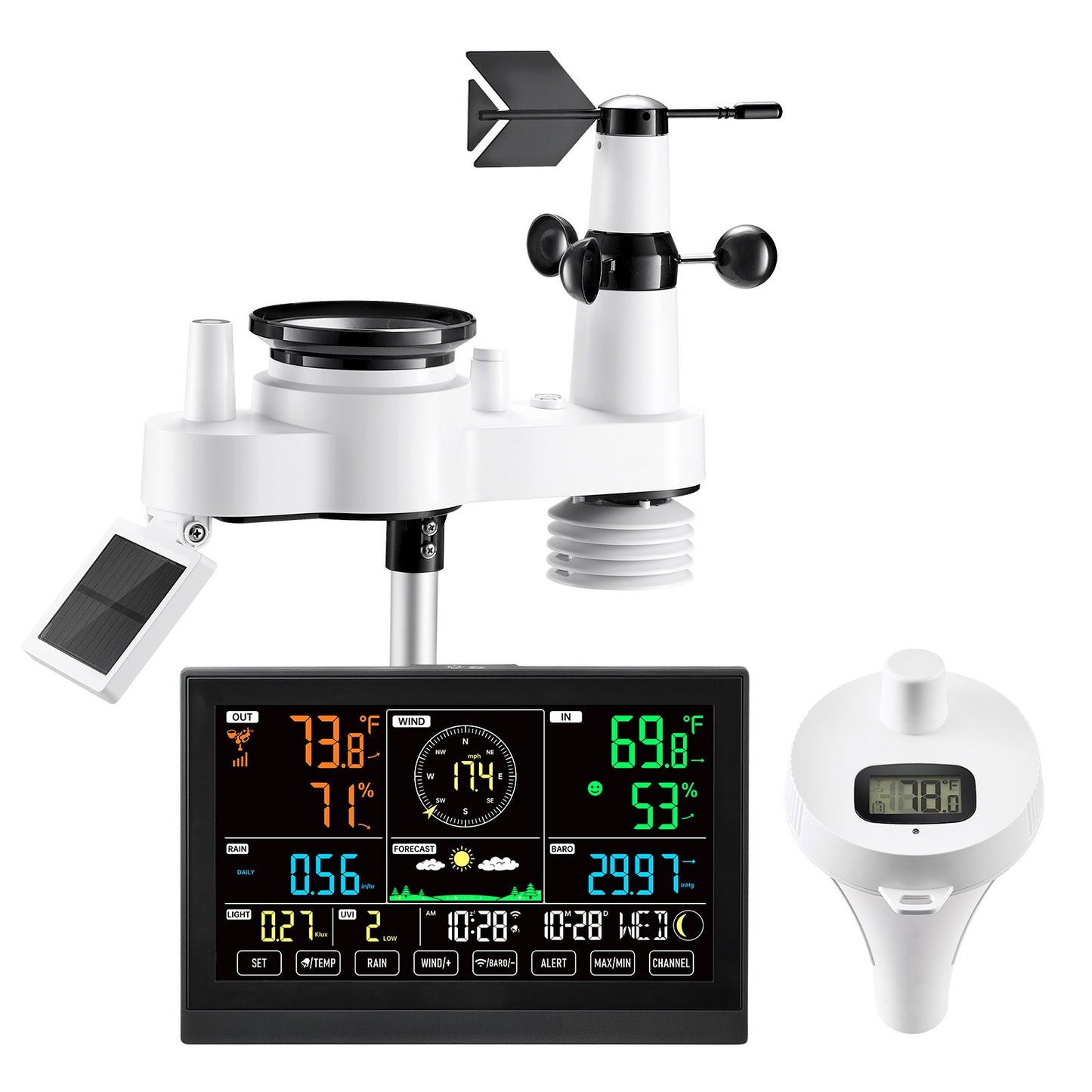 VEVOR 7-in-1 Wi-Fi Weather Station with APP, 190.5 mm Display, Wireless Solar Powered Outdoor Sensor, with Pool Thermometer, Rain Gauge, Indoor Outdoor for Weather Forecast Wind Speed Pool Temperature
