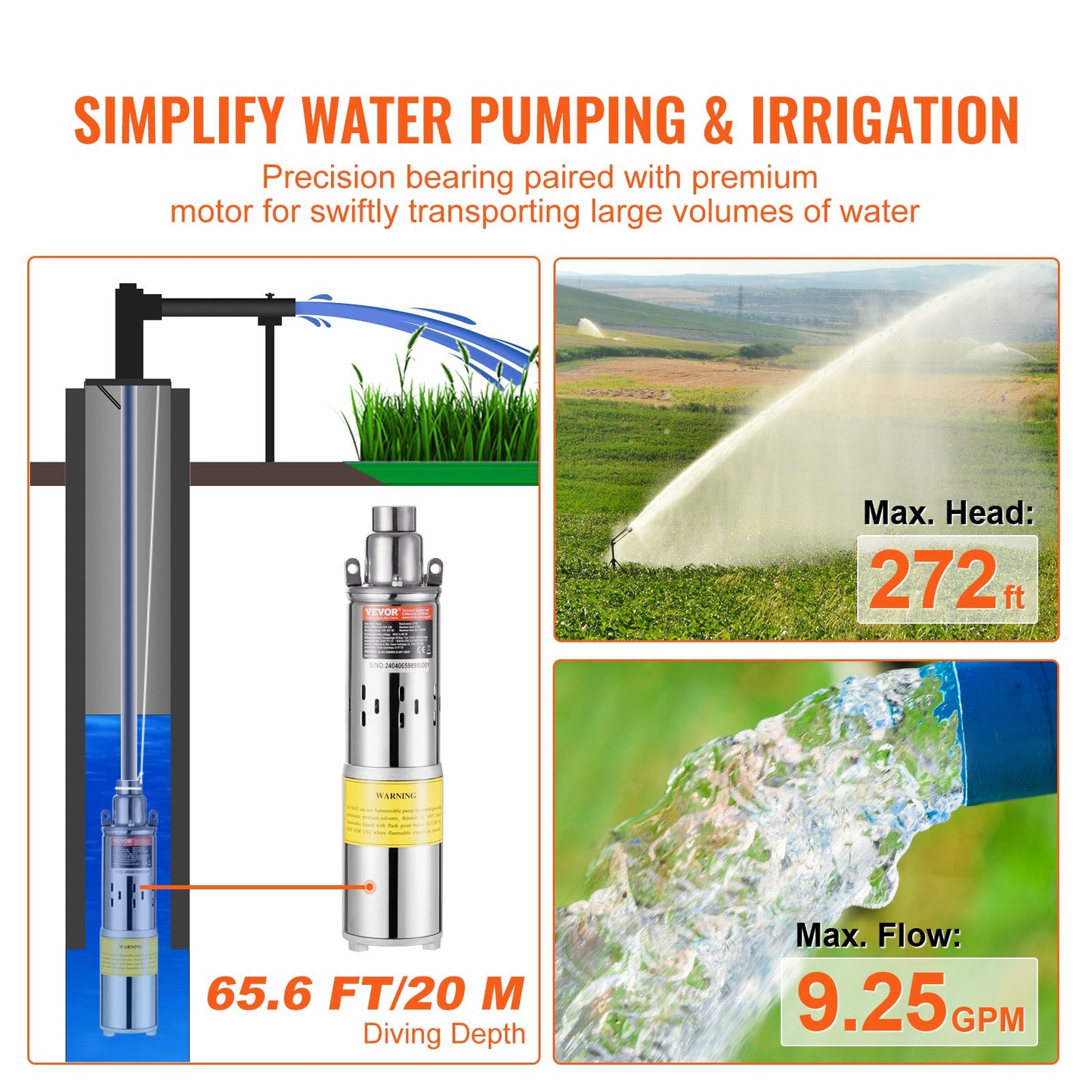 VEVOR Solar Water Pump, DC 277W Submersible Deep Well Pump, Max Flow 2.1 m³/H, Max Head 83 m, Max Submersion Depth 20 m, Solar Powered Water Pump for Well, Farm Ranch Irrigation, Livestock Drinking