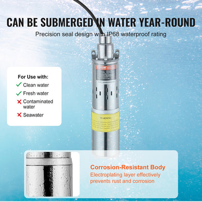 VEVOR Solar Water Pump, DC 277W Submersible Deep Well Pump, Max Flow 2.1 m³/H, Max Head 83 m, Max Submersion Depth 20 m, Solar Powered Water Pump for Well, Farm Ranch Irrigation, Livestock Drinking
