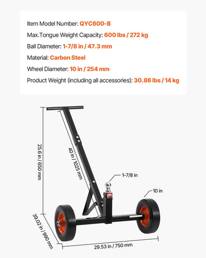 VEVOR Trailer Dolly, 600lbs Tongue Weight Capacity, Carbon Steel Trailer Mover with 1-7/8 in Hitch Ball and 10 in Solid Tires, Portable Tow Dolly for Moving Car RV Boat Trailer