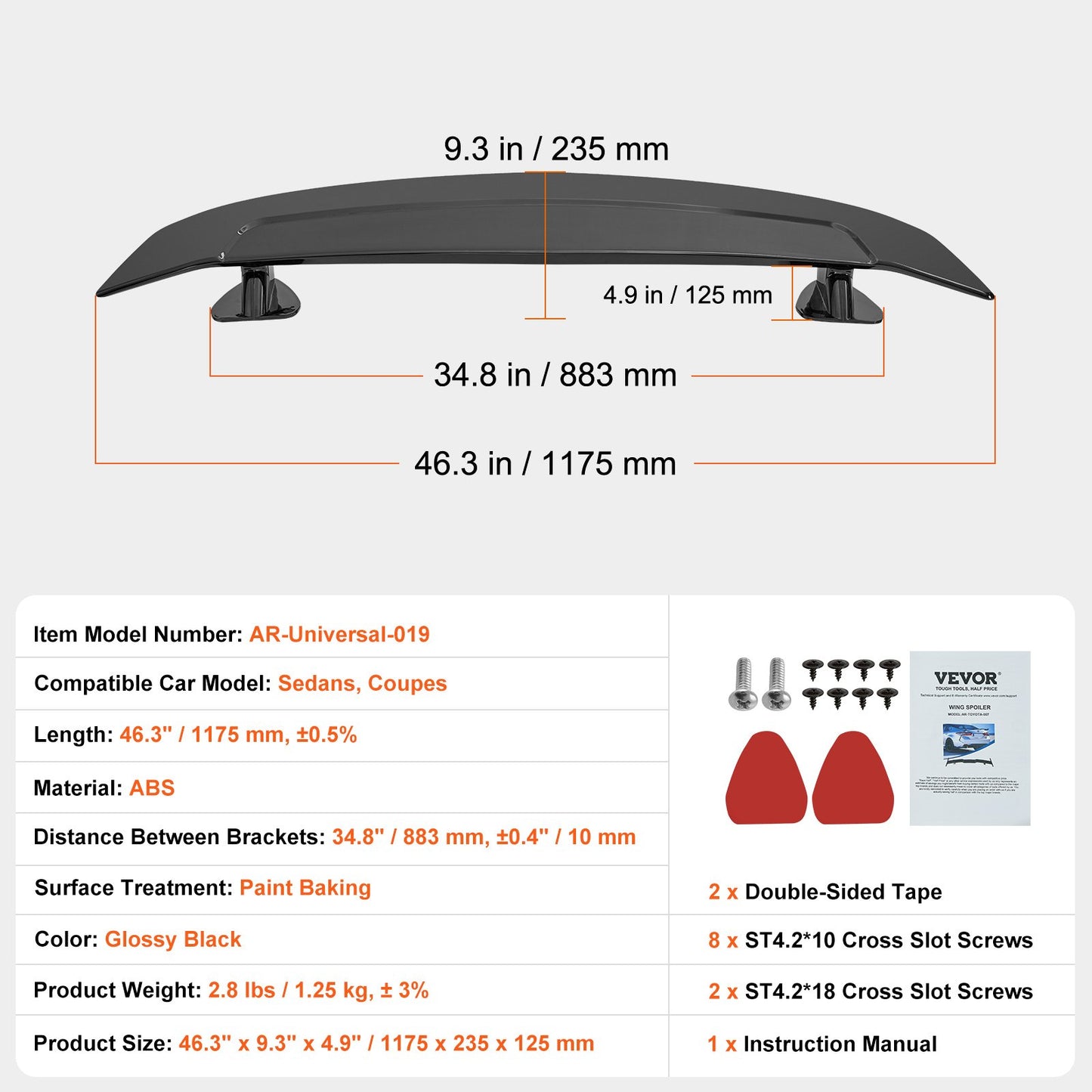 VEVOR Universal Rear Spoiler 46.3'' GT Style Trunk Wing for Sedans and Coupes
