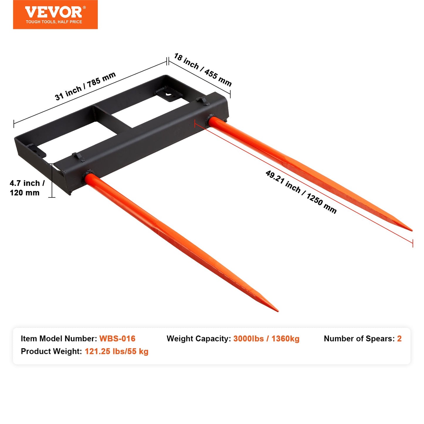VEVOR 49" Hay Spear, Bale Spears 1360kg Loading Capacity, Skid Steer Loader Tractor Bucket Attachment with 2pcs 17.5" Stabilizer Spears and 60" Chain, Quick Attach Spike Forks