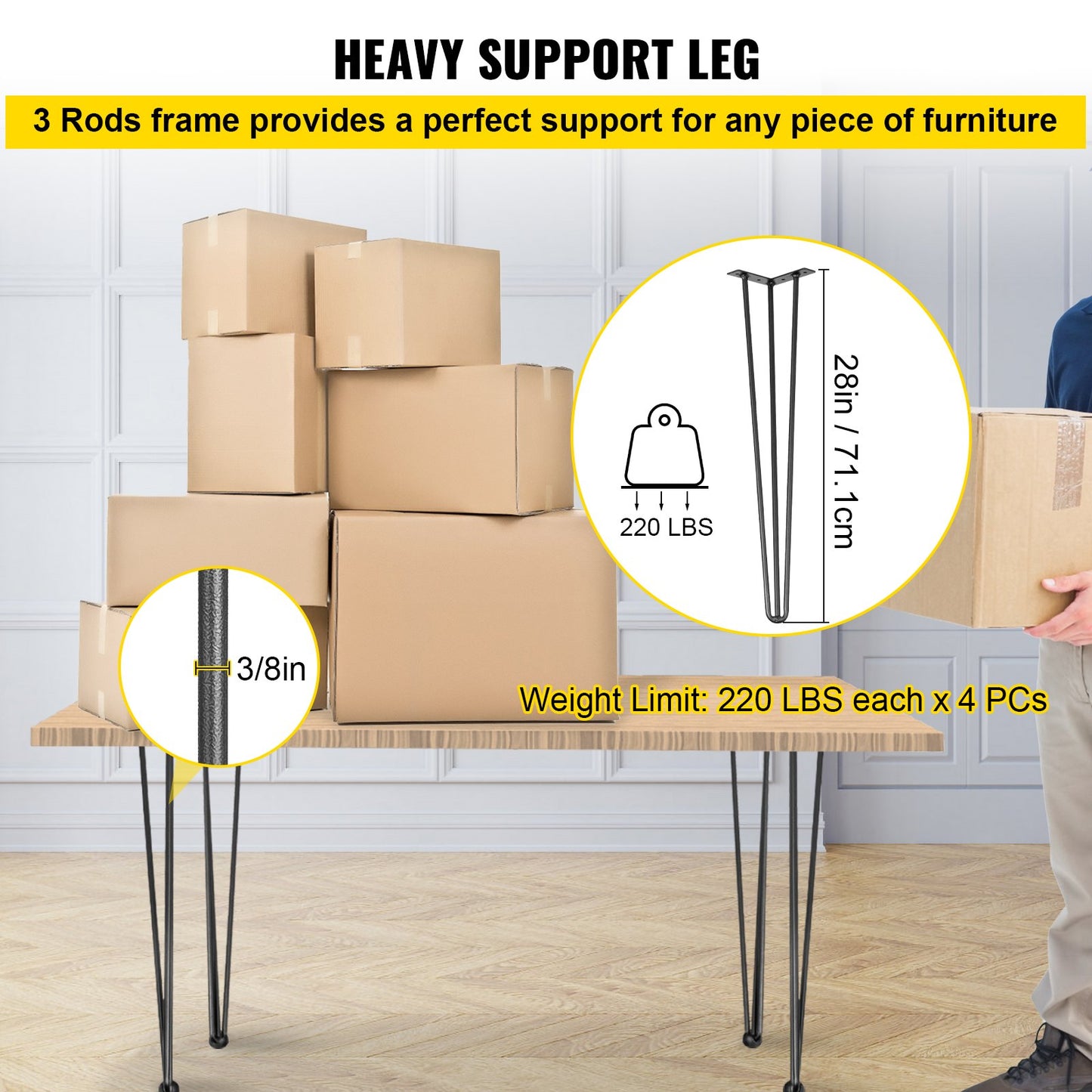 VEVOR Hairpin Table Legs 28 inch, Set of 4 DIY Desk Table Legs 3 Rods Heavy Duty