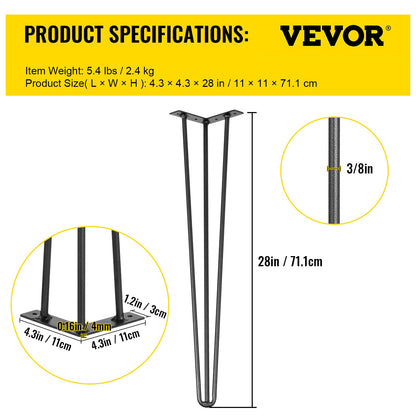 VEVOR Hairpin Table Legs 28 inch, Set of 4 DIY Desk Table Legs 3 Rods Heavy Duty