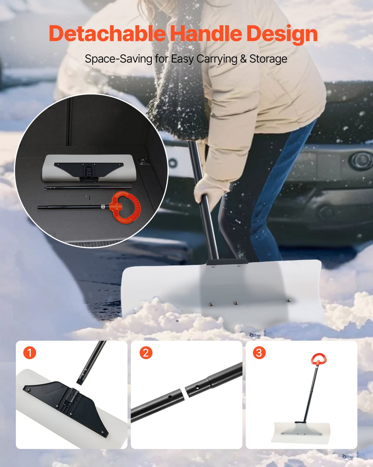VEVOR Snow Pusher Shovel, 61 cm Wide Outdoor Snowplow Shovel with Ergonomic Grip, HDPE Plastic Blade, Winter Shovels with Segmented Handle, Portable Snow Removal Tool for Driveway Garden Camping
